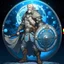 Placeholder: Please create an image for a 30-year old aasimar male with silver hair and a short, square beard and blue eyes. He is standing outside in the moonlight wearing plate armor and wielding a shield and a hammer. His equipment is adorned in multiple places with a crescent moon