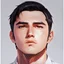 Placeholder: mysterious youthful Russan male, man,A man's face, dark and intriguing, confident, intense, handsome, anime style, retroanime style, cool style, dark black short hairs, Caesar cut style hairs, white shirt, full orange paint background, white man, black brown eyes, middle lips, A small smile, The head looks straight ahead