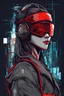 Placeholder: vector t-shirt design ready to print, cyberpunk, illustration profile of red led female samurai in a mask, wearing over head headphones staring down, side view looking to the right, tokyo Japanese background, pro vector, high detail, vibrant, Japanese hologram symbols, barcode design