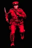 Placeholder: poster of a soldier(uniform and face based on racist steriotypes of canadian soldiers) running towards viewer, a knife i one hand, and a gun(barrel pointing at viewer) in the other. retro poster monochrome with white background
