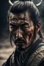 Placeholder: Samurai looks at the enemy, stands after the battle, fear and horror on his face, tired and beaten, sand on his face mixed with sweat, an atmosphere of darkness and horror, hyper realistic photo, In post - production, enhance the details, sharpness, and contrast to achieve the hyper - realistic effect