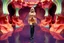 Placeholder: beautiful full body with long boots lady in surreal stage made of fractal random size polygonal 3d objects with strip random colors in clothing similar to environment full body posing to camera