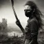 Placeholder: women, faces covered in black masks, ragged clothes, holding flag, war-torn, destroyed city in the background, 8k resolution, hyperrealistic, detailed matte painting, b&w, dynamic lighting, war, anarchy, terrorists, sepia