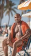 Placeholder: full figure shot photography of a serious ugly burly strong befy marocan 35 years old, sells colored pareos on a crowded beach, sitting on a beach chair, sunligh, photorealistic, 35mm lens, side light, ambient occlusion