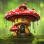 Placeholder: A weird mushroom house with drippy spots on a floating space island. black yellow green red. Detailed gloss Painting, rich color, fantastical, intricate detail, splash screen, hyperdetailed, insane depth, concept art, 8k resolution, trending on artstation