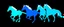 Placeholder: silhouette of 3 different horses (Stallions) racing, middle horse at front, blue on black vector