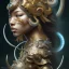 Placeholder: Sango fantasy, fantasy magic, intricate, sharp focus, illustration, highly detailed, digital painting, concept art, matte, art germ and Paul Lewin and Kehinde Wiley, masterpiece Indonesian lady head bronze tiger Asian African girl nice breast Hawaiian hair turquoise silver waves