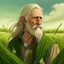 Placeholder: older male, soft facial features, long blonde hair, green clothing decorative wheats, on a field, drawn