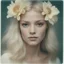 Placeholder: 1970s Polaroid head shot of a stunning young platinum straight haired woman, freckles, hair adorned with big flowers.
