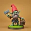 Placeholder: low poly, slime dwarf gnome troll miniature model half painted arms outstretched holding battle hammer offering gift, bucket shield background