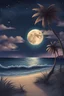 Placeholder: A magical tropical night of sparkling stars, a text written "Nevergiveup" a wild beach and a moon shining on the horizon.