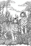 Placeholder: Outline art, tigers standing in the bush, full body, cartoon style, black and white, low detail, no shading, --ar 9:11