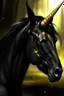 Placeholder: black unicorn, part of a movel, mean, yellow eyes