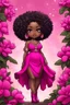 Placeholder: create a comic book art image of a chibi curvy size dark skinned Black female wearing a hot pink maxi dress with sparkle hot pink cowboy boots. Prominent make up with brown eyes, she is wearing hot pink feather tassel earrings and lush lashes. extremely detailed tight curly ombre afro. background of pink and silver magnolia flowers everywhere