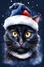 Placeholder: face of cartoon happy black cat with hat Santa Claus on dark blue background with white snow watercolor drawing