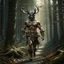 Placeholder: large muscular feyman with antlers walking in the woods fantasy digital art