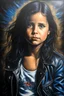 Placeholder: Famous actors as Children - facial Portrait - oil on canvas, chiaroscuro, deep shadows, fairytale, 20th century masterpiece, rich deep colors, highly detailed portrait, Demi Moore wearing a black leather biker's jacket, a black "Iron Maiden" T-shirt, Blue Jeans, black Converse sneakers,