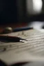 Placeholder: A character confessing their apology through a handwritten letter, placed in a cinematic setting with specific camera details like a close-up shot and low aperture. Keywords: Letter, Apology, Close-up, Low Aperture, Cinematic