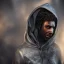 Placeholder: mysterious, black man, long curly black hair, scar on eye, hooded, post-apocalyptic, realistic, intriacte detail, sci-fi fantasy style, volumetric lighting, particales,highly detailed,cinamatic, deep colours,8k