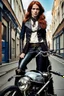 Placeholder: full-height portrait of a woman with straight shoulder-length auburn hair, with metal arms and legs, dressed in leather trousers, and a waistcoat, in a Victorian street next to a steampunk motorbike blue sky