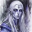 Placeholder: dnd, fantasy, watercolour, large strokes, stylistic, portrait, illustration, dull colours, woman, dark elf, drow, face, narrow long face, cruel face, cold demeanor, purple eyes, piercing eyes, vicious expression, white hair, very long hair streaming down the shoulders, lush hair, elegant, short small mouth, cruel smile