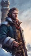 Placeholder: portrait of bard man in the snow on holding a tower fortification, magazine cover illustration with oil paint and spray paint, signed, bokeh like, down-light, unreal engine, prize winning