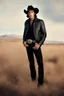 Placeholder: 18-year-old Elvis Paul Stanley Keanu Bernthal, cowboy hat, tan leather jacket, blue shirt, blue eyes, short hair, oil painting, elegant, highly detailed, centered, digital photograph, smooth, sharp focus,