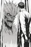 Placeholder: a man looking into a shattered mirror and seeing a horrifying, abstract deranged monster in his reflection