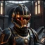 Placeholder: star wars bald male corellian pilot wearing pearlescent black and gunmetal grey First Order special forces heavy assault stealth commando armor and helmet with gold trim inside the jedi temple, hyperdetailed, dynamic lighting, hyperdetailed background, 8k resolution, volumetric lighting, light skin, fully symmetric details