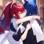 Placeholder: Clear Focus, High resolution, wearing a maid uniform, fluffy hair and a long ponytail, blue hair, cat ears, meowing, hugging another girl with red long fluffy hair also wearing a maid outfit, looking at you