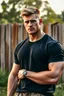 Placeholder: (((What if Molly Ringwald was a handsome man who is extremely muscular, with a short, military style buzz-cut, pixie-cut hairstyle and goatee, wearing a black muscle shirt and Bermuda shorts:1.5))), 4k, 8k, 32k UHD, Hyper realistic, extremely colorful, vibrant, photorealistic, realistic, sharp, highly detailed, professional quality, beautiful, awesome, majestic, superb, trending on artstation, pleasing, lovely, Cinematic, gorgeous, Real, Life like, Highly detailed, sharp, focused, fantastic,