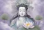 Placeholder: guanyin in the style of a chinese painting with lotus flowers and clouds in soft lavender, grey, white, green, and blue colors