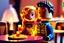 Placeholder: blonde lego girl and curly black haired lego boy eating lego pizza in an italian restaurant in candlelight