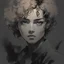 Placeholder: Portrait of a young female with short black curly hair, and tan skin color, drawn in Yoji Shinkawa style, black and white with a gray background.