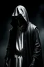Placeholder: a mysterious stranger wearing a full face black mask, white hooded cloak and leather armor, full body