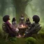 Placeholder: Octane render. Ultra realistic photo .a group of women.five young black women sitting around a fire. Black Sisters. Sitting and Standing together. the face of A young black woman. A wood nymph emerging from the forest. Her hair looks like vines. Dreadlocs. Her skin is the colour of dark soil. Her skin looks like tree bark. Her clothing is made of vines, grass and leaves.