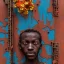 Placeholder: an abstract painting of rusted metal and flowers, african man portrait, rust, scaffolding, iron cladding, decay, mixed media, textured, anatomically correct, beautiful perfect face, sharp focus, highly detailed,new york slums, apartment building ,rundown, realistic, unity engine, bloom,cinematic lighting,blue tone, octane render,