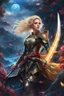 Placeholder: (masterpiece, top quality, best quality, official art, beautiful and aesthetic:1.2), (1girl), extreme detailed,(fractal art:1.3),colorful,highest detailed,zoomout,blonde girl,perfecteyes, background sky full thunder, holding_katana, wear fantasy armor,morgan le fay