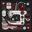 Placeholder: a Christmas card in a graphic retro style, a sewing machine and made of tailoring accessories, threads, buttons. Red, white and black colors. Christmas elements, stitching