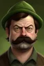 Placeholder: portrait of a young goblin with a mustache that looks like ron swanson and wearing a flat wool cap