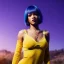 Placeholder: Rihanna as smurf with yellow flowers for hair,zoom eyes, closed eyes, rtx, reflection, 8k, glow, winning photography, caustics