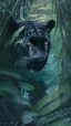 Placeholder: A black panther looking down in water inside a jungle.