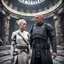 Placeholder: a bold and heroic bald male Corellian pilot in black and metallic grey First Order special forces gear meets a female Jedi Master in ancient, mystical temple, hyperdetailed, dynamic lighting, hyperdetailed background, 8k resolution, volumetric lighting, light skin, fully symmetric details