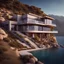 Placeholder: Dream house with modern architecture design, built on a rocky terrain overlooking the ocean and mountains, with multiple levels, with large windows and doors that offer panoramic views. The architecture features acute angles and a rooftop terrace. The rocky terrain has plants and a gravel path leading to the house. The background is a clear sky, blue ocean waves and mountains with greenery