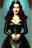 Placeholder: painting of kat dennings as evil queen in black leather gown, feminie, angry, stern look on her face, volouptous, busty, cleavage, emperious, mature, highly detailed, digital painting, artstation, concept art, smooth, sharp focus, illustration, art by gaston bussiere and alphonse mucha