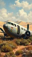 Placeholder: A side view of a1950 military 2 engines airplane with broken glass and doors in front of crashed in realistic desert with sand dunes , in a forgotten battlefield over run by vegetation, cutesy tiktok detailed oil painting, grainy, old style