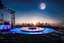 Placeholder: a big open disko stage in modern city center environment , at distance,blue sky pretty clouds ,night,moon light .