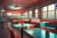 Placeholder: American dinner place interior without of people. early morning in Texas very sunny day. Colorful and juicy style. Like interior design example. All tables is empty but exept one, on that one is all the mess - dirty dishes and garbages. Minimalistic Photorealistic image. Photo futuristic.