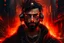 Placeholder: Portrait roi conquerant cyberpunk, cheveux noirs, barbe, yeux rouges, belgique en feu arriere plan