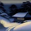 Placeholder: A winter scene at dusk with the hut in distance and stone path in the snow leading to hut painted by Japanese art